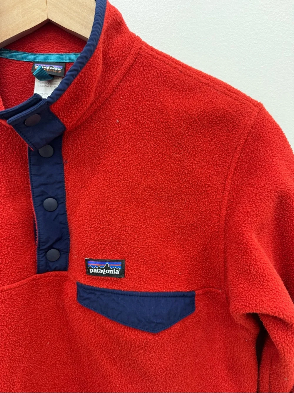Patagonia Synchilla Snap T fleece pullover Red Navy Blue Boys Sz XL